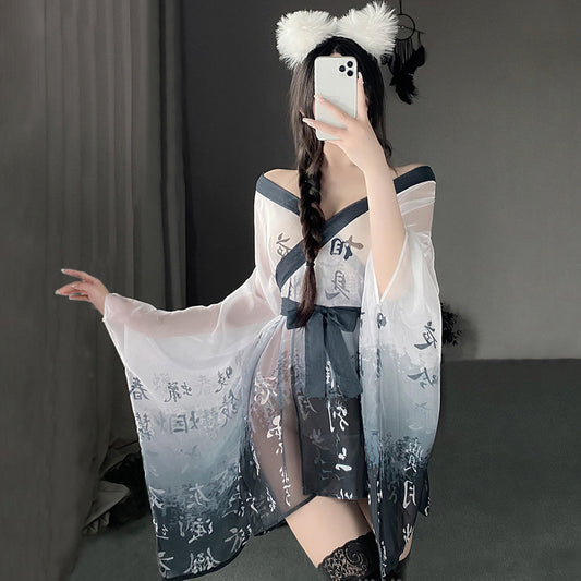 Kimono Robes Asian Cosplay Chinese Character Print Anime Outfits