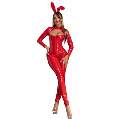 Latex Bunny Girl Outfits Front Zipper Full Body Catsuit PU Leather Night Club