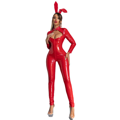 Latex Bunny Girl Outfits Front Zipper Full Body Catsuit PU Leather Night Club