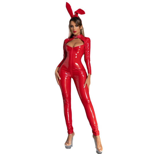 Latex Bunny Girl Outfits Front Zipper Full Body Catsuit PU Leather Night Club