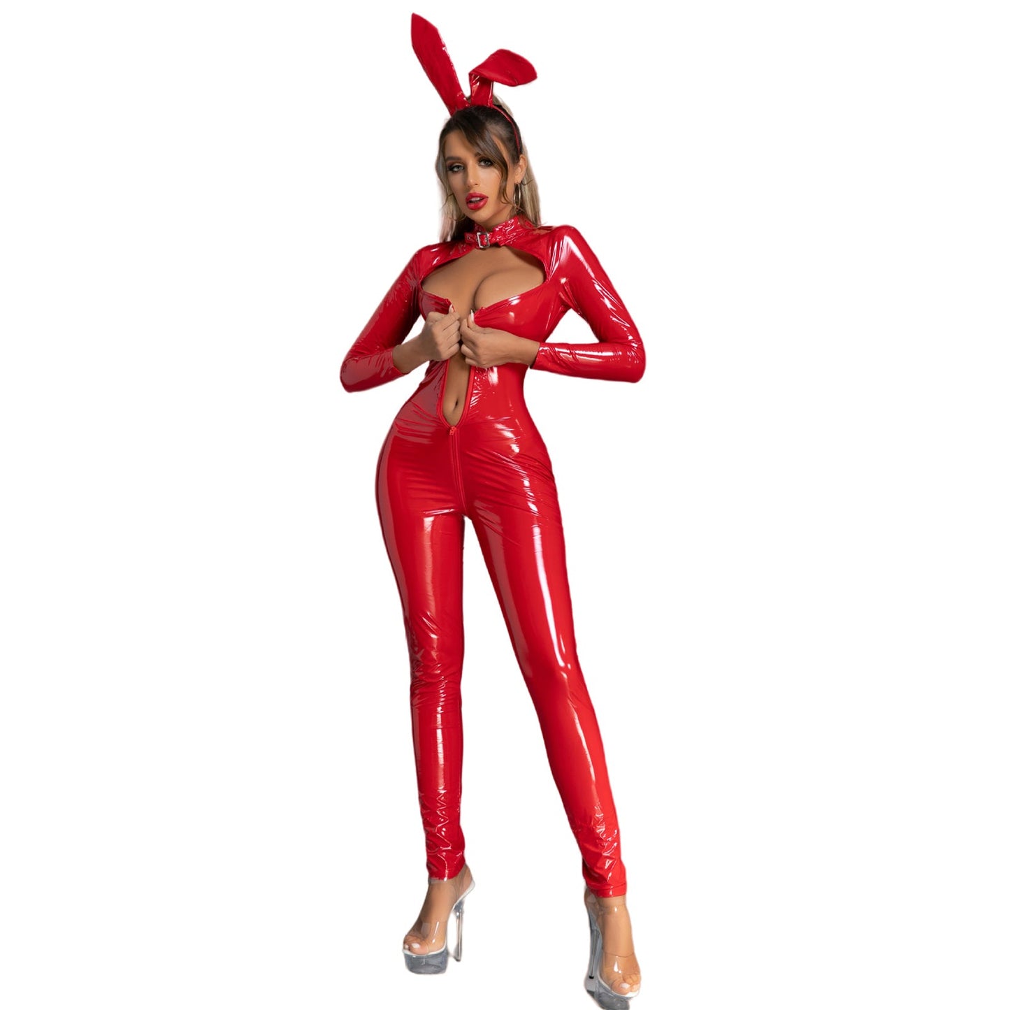 Latex Bunny Girl Outfits Front Zipper Full Body Catsuit PU Leather Night Club