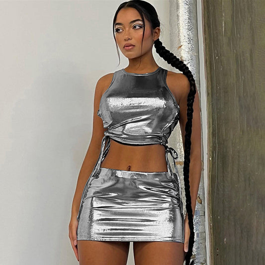 Metallic Skirt Set Shiny Two Piece Rave Outfits Club