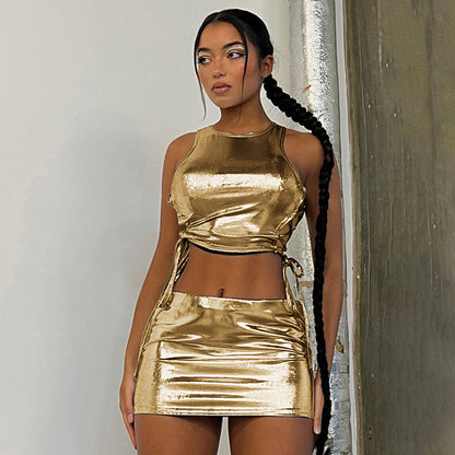 Metallic Skirt Set Shiny Two Piece Rave Outfits Club