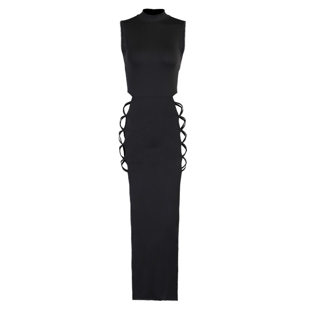 Crisscross Lace-up Cut Out Dresses for Women Mock Neck High Slit Bodycon Maxi Dress Club