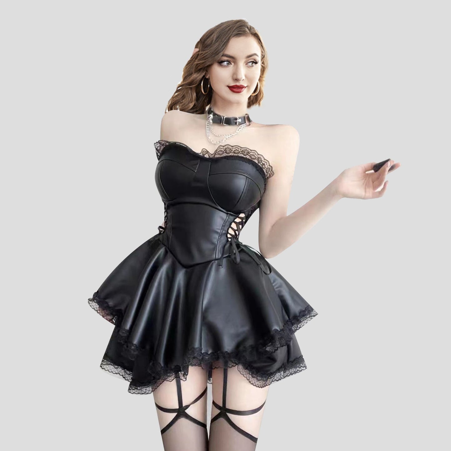 Latex Mini Dresses Black Strapless Wet Look Party Dress with Lace Trim Club