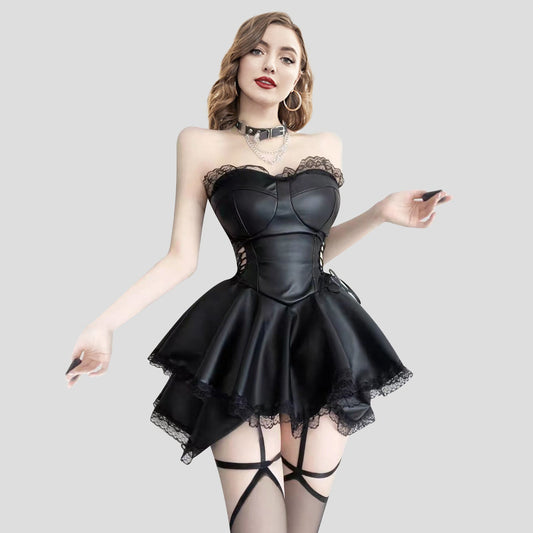 Latex Mini Dresses Black Strapless Wet Look Party Dress with Lace Trim Club