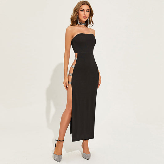 Strapless High Slit Bodycon Maxi Dress Elegant Long Black Dress Club Party Dress