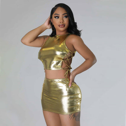 Metallic Skirt Set Shiny Two Piece Rave Outfits Club