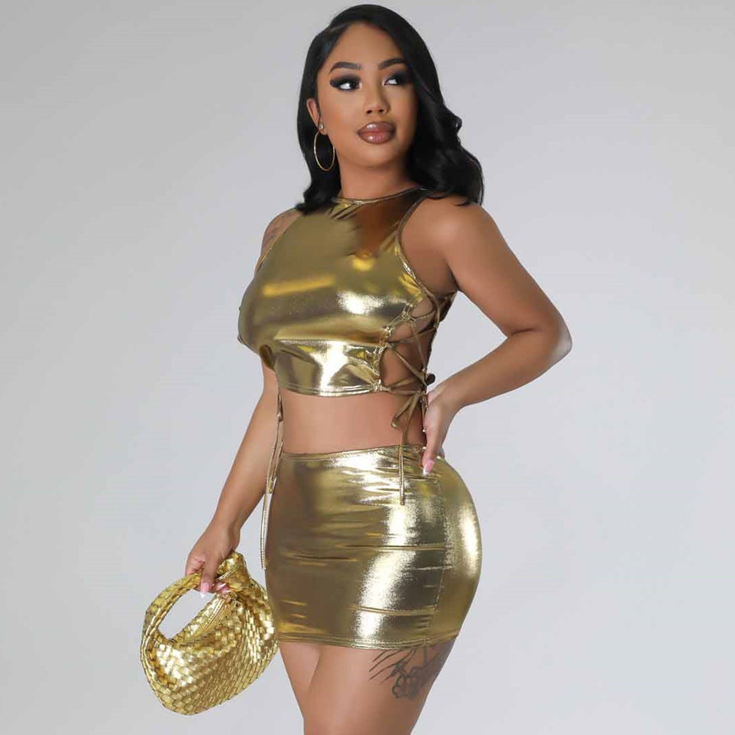 Metallic Skirt Set Shiny Two Piece Rave Outfits Club