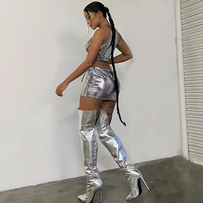 Metallic Skirt Set Shiny Two Piece Rave Outfits Club